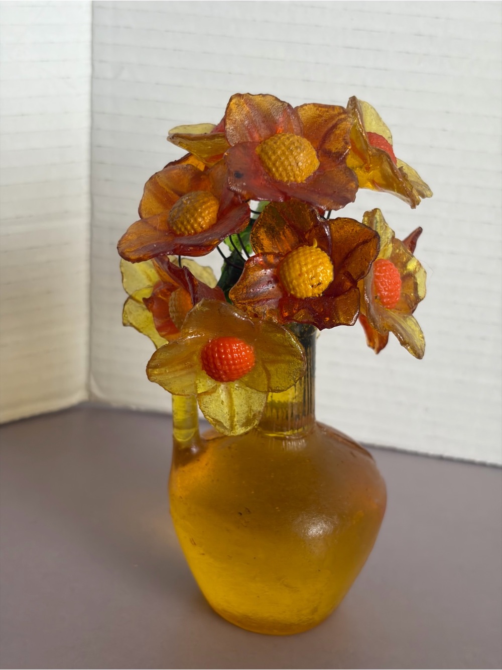 Vintage Lucite Flower Sculpture • Amber Jug Vase - Picture 6 of 8